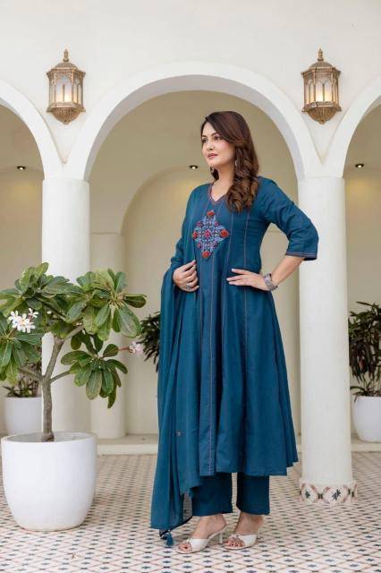 Jaipuri 3pcs teal blue Surat kurti manufacturers